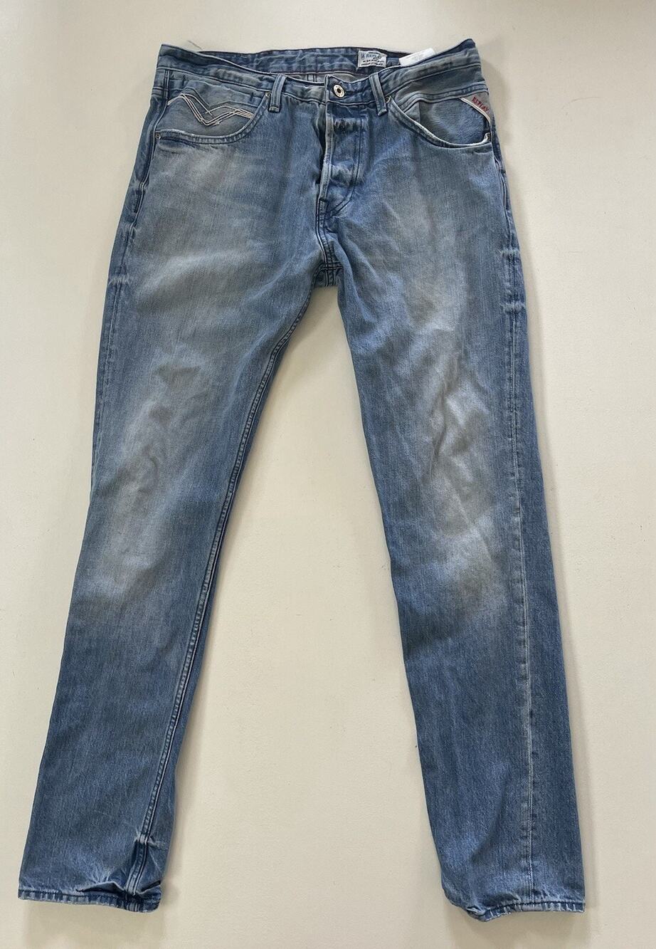 Men's Replay Selvedge Faded Blue Denim Jeans Original Button Fly Slim 32x34